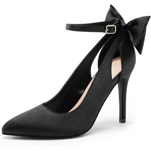 Dream Pair Women's Black-satin Strappy Pointed Toe Bow Shoes Stiletto Heel Pumps